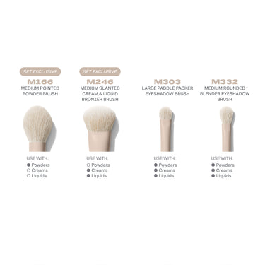 Close-up of Morphe M166, M246, M303, and M332 brush heads showing compatibility with powder, cream, and liquid makeup formulas