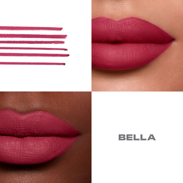{Bella} Soulmatte Filling Gel Lip Liner in shade Bella shown as linear swatches and matte full-lip application on medium and deep skin tones, with text "BELLA."