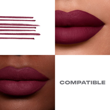 {Compatible} Soulmatte Filling Gel Lip Liner composite showing deep burgundy matte line swatches and two lip model close-ups; text: COMPATIBLE
