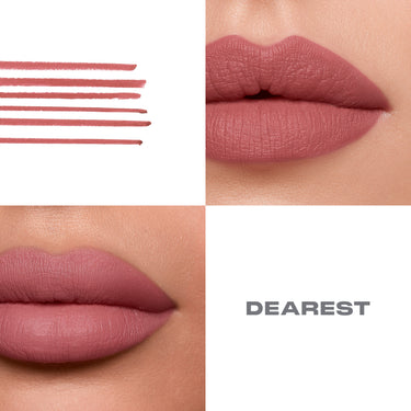 {Dearest} Soulmatte Filling Gel Lip Liner in shade DEAREST shown with line swatches and two model lip macro shots in muted rosy mauve.