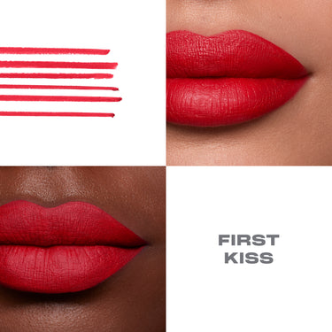 {First Kiss} Soulmatte Filling Gel Lip Liner swatches and shade "FIRST KISS" worn on two different skin tones, showing a bold matte red lip.