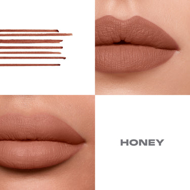 {Honey} Soulmatte Filling Gel Lip Liner swatches and two model lip close-ups in warm honey-brown matte labeled HONEY