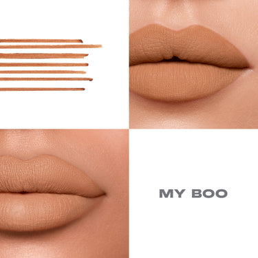 {My Boo} Soulmatte Filling Gel Lip Liner swatches and two lip macro shots in warm terracotta matte shade MY BOO.
