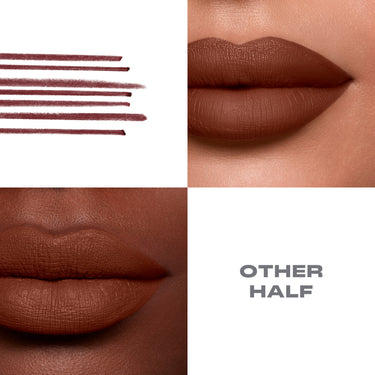 {Other Half} Soulmatte Filling Gel Lip Liner in shade OTHER HALF — deep warm brown matte swatches and two model lip application close-ups on medium and deep skin tones.