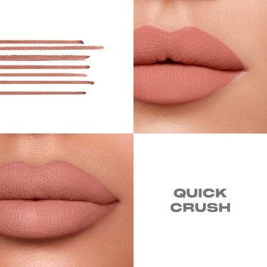 {Quick Crush} Soulmatte Filling Gel Lip Liner in Quick Crush — dusty rose matte swatches and two close-up model lip shots showing full coverage.