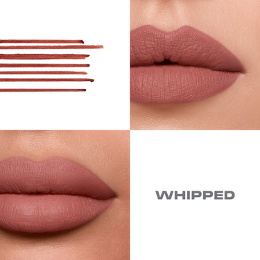 {Whipped} Soulmatte Filling Gel Lip Liner swatches and two-model lip application in warm mauve matte finish — WHIPPED.