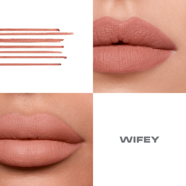 {Wifey} Soulmatte Filling Gel Lip Liner color swatches and two model lip close-ups in Wifey dusty rose-nude shade.