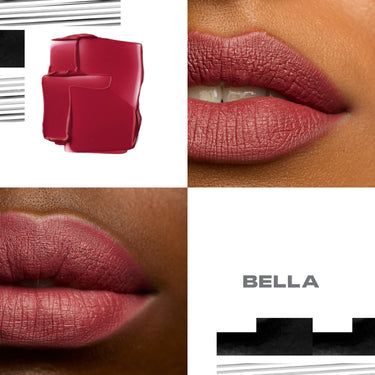 {Bella} Soulmatte Velvet Lip Mousse shade BELLA with deep red square packaging and two matte lip swatches on brown skin tones.