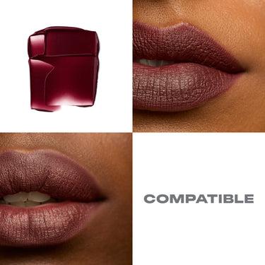 {Compatible} Soulmatte Velvet Lip Mousse deep wine-burgundy bottle with two close-up matte lip swatches on deep skin tones; text: COMPATIBLE.