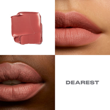 {Dearest} Soulmatte Velvet Lip Mousse in DEAREST — rose-mauve mousse swatch beside matte lip macro shots on two skin tones.