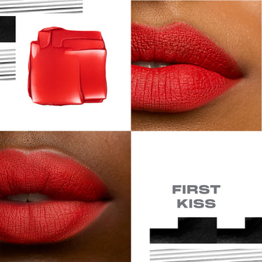 {First Kiss} Soulmatte Velvet Lip Mousse red shade swatch and macro lip shots on two skin tones with text FIRST KISS showing matte velvet finish.