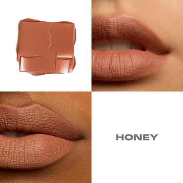 {Honey} Soulmatte Velvet Lip Mousse shade Honey: formula swatch and two lip swatches showing a warm terracotta matte-velvet finish, with "HONEY" text.