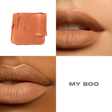 {My Boo} Soulmatte Velvet Lip Mousse MY BOO collage showing warm peachy-terracotta swatch and matte finish on two lip models.
