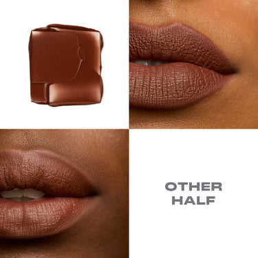 {Other Half} Soulmatte Velvet Lip Mousse macro grid showing deep chocolate-brown packaging swatch and two close-up lip shots labeled OTHER HALF.