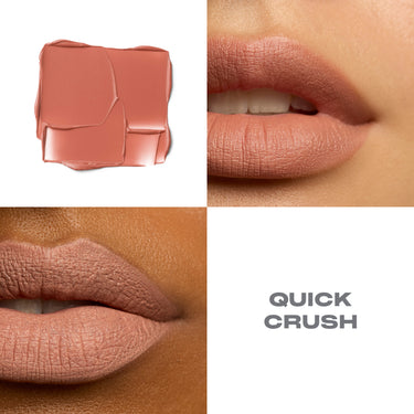 {Quick Crush} Soulmatte Velvet Lip Mousse in Quick Crush — peachy-nude product swatch and two lip swatches showing matte velvet finish on medium and deep skin tones.