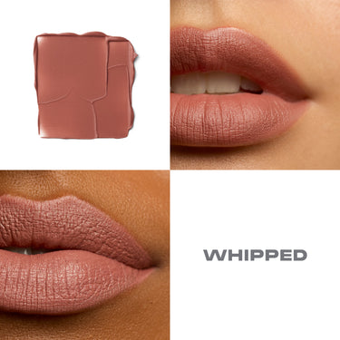 {Whipped} Soulmatte Velvet Lip Mousse in WHIPPED — terracotta matte mousse swatch and lip swatches on two models.
