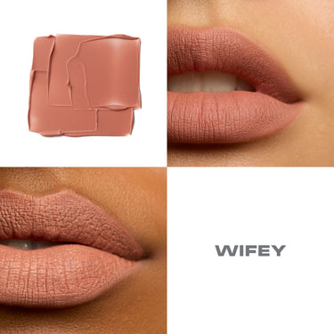 {Wifey} Soulmatte Velvet Lip Mousse shade swatch and lip macro shots on two skin tones, labeled WIFEY.