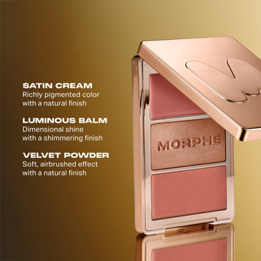 Cheek Thrills Multi Finish Face Trio Yacht Day open compact with MORPHE engraved shimmer pan and callouts: SATIN CREAM Richly pigmented color with a natural finish, LUMINOUS BALM Dimensional shine with a shimmering finish, VELVET POWDER Soft, airbrushed effect with a natural finish.