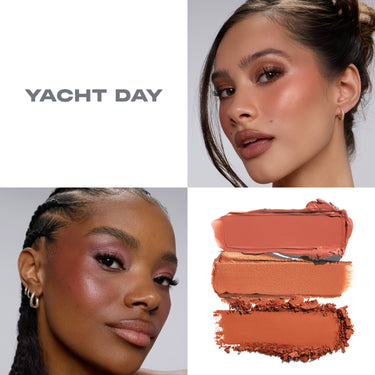 {Yacht Day} Cheek Thrills Multi-Finish Face Trio in YACHT DAY shown on two models with warm terracotta blush swatches.