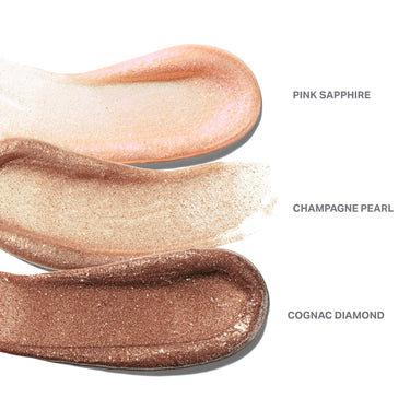 Dripglass Dazzled High Shimmer Lip Gloss shade smears in PINK SAPPHIRE, CHAMPAGNE PEARL, and COGNAC DIAMOND showing high-shimmer glitter finishes.
