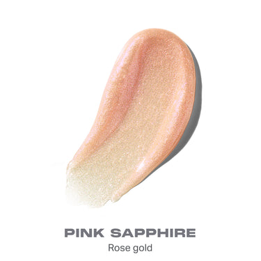 {Pink Sapphire} Dripglass Dazzled High Shimmer Lip Gloss texture smear in PINK SAPPHIRE Rose gold, a shimmery rose-gold gloss.
