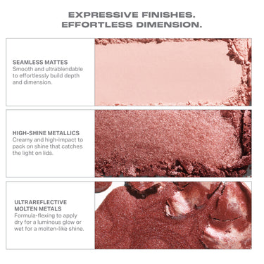 {Pinky Ring} Dazzling Metallics Eyeshadow Trio finishes infographic: "EXPRESSIVE FINISHES. EFFORTLESS DIMENSION." with SEAMLESS MATTES, HIGH-SHINE METALLICS, and ULTRAREFLECTIVE MOLTEN METALS swatches and descriptions.