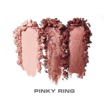 {Pinky Ring} Dazzling Metallics Eyeshadow Trio shade smears in blush pink, metallic mauve, and rose gold with text "PINKY RING."