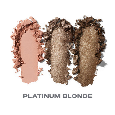 {Platinum Blonde} Dazzling Metallics Eyeshadow Trio shade smears in warm nude, bronze, and deep metallic brown labeled PLATINUM BLONDE.