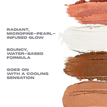 Dreamlight Gelée Highlighter Stick texture swatches with callouts: Radiant, Microfine-Pearl-Infused Glow; Bouncy, Water-Based Formula; Goes On With A Cooling Sensation.