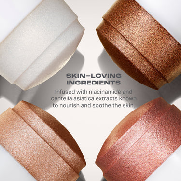 Dreamlight Gelée Highlighter Stick four shades with text: SKIN–LOVING INGREDIENTS — Infused with niacinamide and centella asiatica extracts known to nourish and soothe the skin.