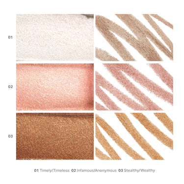 Dazzling Metallics Mixed Signals Dual-Ended Cream & Liquid Shadow Stick shade swatches: 01 Timely/Timeless, 02 Infamous/Anonymous, 03 Stealthy/Wealthy.