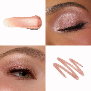 {Infamous/Anonymous} Dazzling Metallics Mixed Signals Dual Ended Cream Liquid Shadow Stick macro quad showing cream and liner swatches alongside two eye looks with shimmery rose gold shadow.