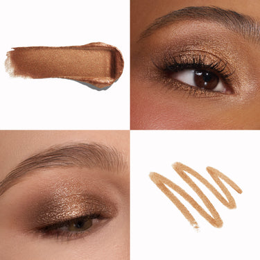 {Stealthy/Wealthy} Dazzling Metallics Mixed Signals Dual-Ended Cream & Liquid Shadow Stick macro swatches and eye looks showing warm bronze-gold metallic finish on two models.
