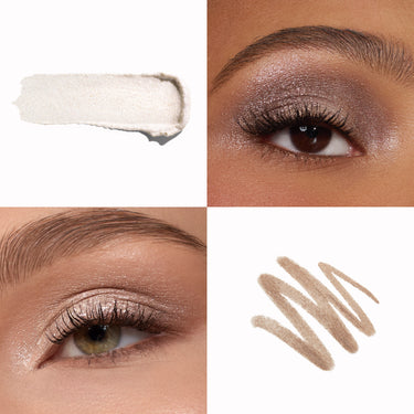 {Timely/Timeless} Dazzling Metallics Mixed Signals Dual Ended Cream Liquid Shadow Stick macro quad showing a sheer white cream swatch, a taupe zigzag swatch, and two eye macro shots wearing shimmery champagne and taupe metallic shadow.