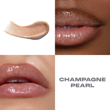 {Champagne Pearl} Dripglass Dazzled High Shimmer Lip Gloss macro collage showing a formula swatch and two close-up lip shots with the text CHAMPAGNE PEARL.