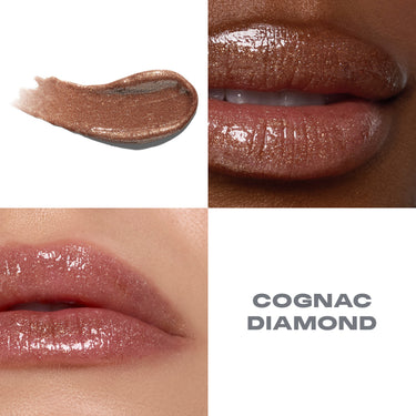 {Cognac Diamond} Dripglass Dazzled High Shimmer Lip Gloss macro quad showing a shimmer swatch and two lip closeups with text "COGNAC DIAMOND."