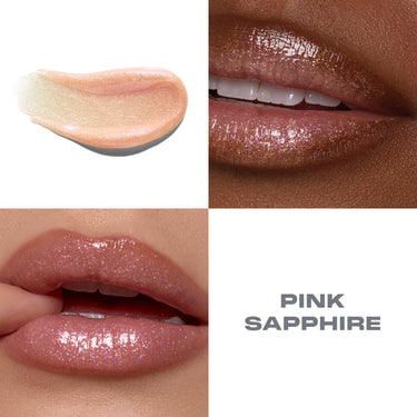 {Pink Sapphire} Dripglass Dazzled High Shimmer Lip Gloss macro swatch and lip shots with text "PINK SAPPHIRE."