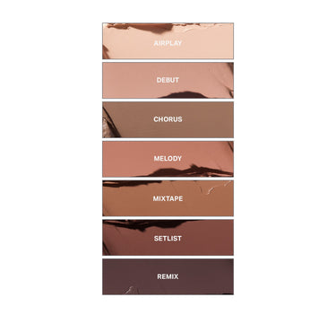 {Setlist} Solo Artist Priming Cream Eyeshadow color swatches in seven shades: AIRPLAY, DEBUT, CHORUS, MELODY, MIXTAPE, SETLIST, REMIX.