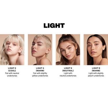 {Filter Light 2} Filter Effect Soft Radiance Concealer shade guide showing LIGHT: Light 2 (Cool) Fair with neutral undertones, Light 4 (Warm) Fair with slightly yellow undertones, Light 6 (Neutral) Light with neutral undertones, Light 8 (Warm) Light with slightly peach undertones. | Filter Effect Soft Radiance Concealer | Secondary image