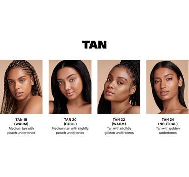 {Filter Tan 18} Filter Effect Soft Radiance Concealer in TAN shades: TAN 18 (WARM) Medium tan with peach undertones, TAN 20 (COOL) Medium tan with slightly peach undertones, TAN 22 (WARM) Tan with slightly golden undertones, TAN 24 (NEUTRAL) Tan with golden undertones, worn by four models.