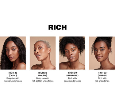 {Filter Rich 26} Filter Effect Soft Radiance Concealer RICH shade guide: Rich 26 (Cool) Deep tan with neutral undertones, Rich 28 (Warm) Deep tan with rich golden undertones, Rich 30 (Neutral) Rich with peach undertones, Rich 32 (Warm) Rich with red undertones, shown on four models.
