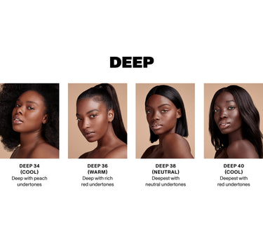 {Filter Deep 34} Filter Effect Soft Radiance Concealer Deep shades worn on models: Deep 34 (Cool) deep with peach undertones, Deep 36 (Warm) deep with rich red undertones, Deep 38 (Neutral) deepest with neutral undertones, Deep 40 (Cool) deepest with red undertones.