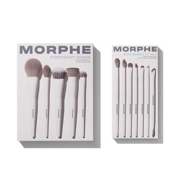 Portrait Mode Eye Want It All Bundle featuring Morphe Portrait Mode 5-Piece Face Brush Set and Morphe Eye Want It All 7-Piece Eye Brush Set in white-handled brushes displayed in packaging. | Portrait Mode + Eye Want It All Bundle
