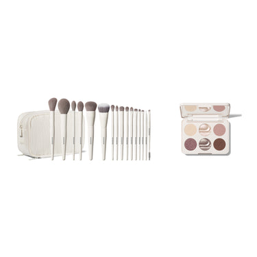 Morphe Ready Set Pro Brush Set Eyeshadow Palette with white MORPHE-labeled brushes, quilted bag, and open 9-pan eyeshadow compact. | Ready Set Pro Brush Set + Eyeshadow Palette