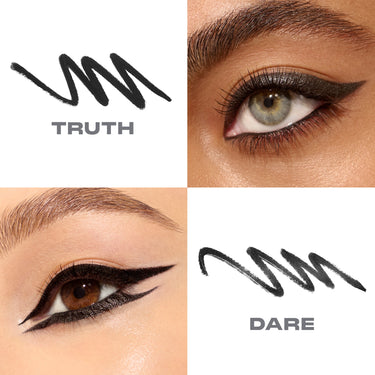 {Truth Or Dare (Black/Shimmer Charcoal)} Morphe Bi Liner Dual Ended Gel Liners quad showing TRUTH swatch with smoky eye look and DARE swatch with bold graphic liner look.
