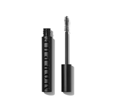 Morphe Make It Big Volumizing Mascara open: black tube engraved MORPHE and clean wand with dense spiky bristles. | Make It Big Volumizing Mascara