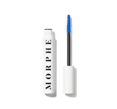 Morphe The Big Prime Lash Primer open: white tube labeled MORPHE and wand with bright blue priming-product-coated bristles. | The Big Prime Lash Primer